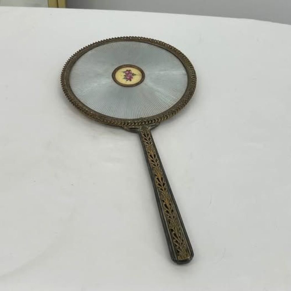 Vintage Guilloche Enamel Hand Mirror with Floral Medallion